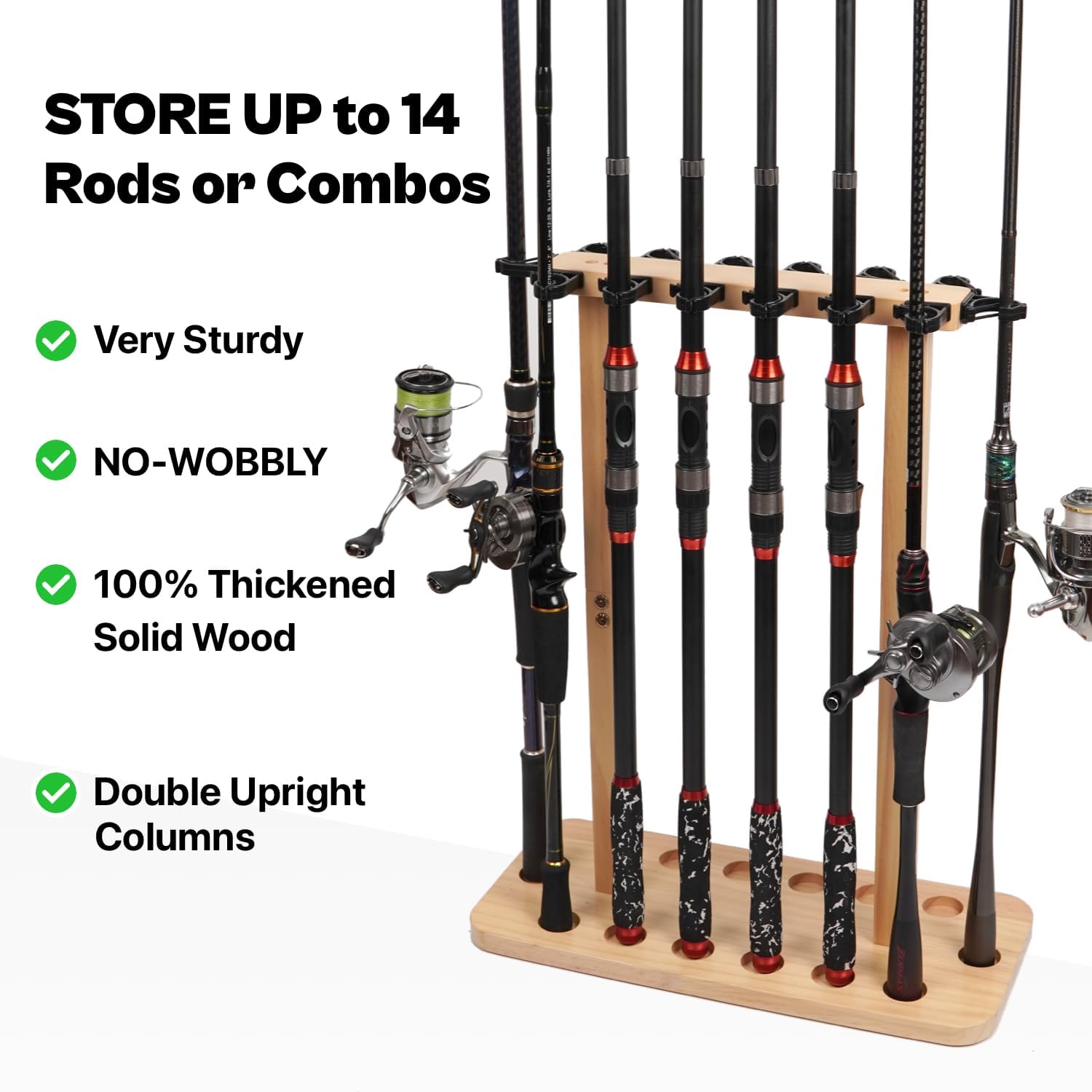 Skiennix Fishing Rod Storage Rack - 100% Wood Floor Stand for 14 Rods or Combos | Garage Organizer