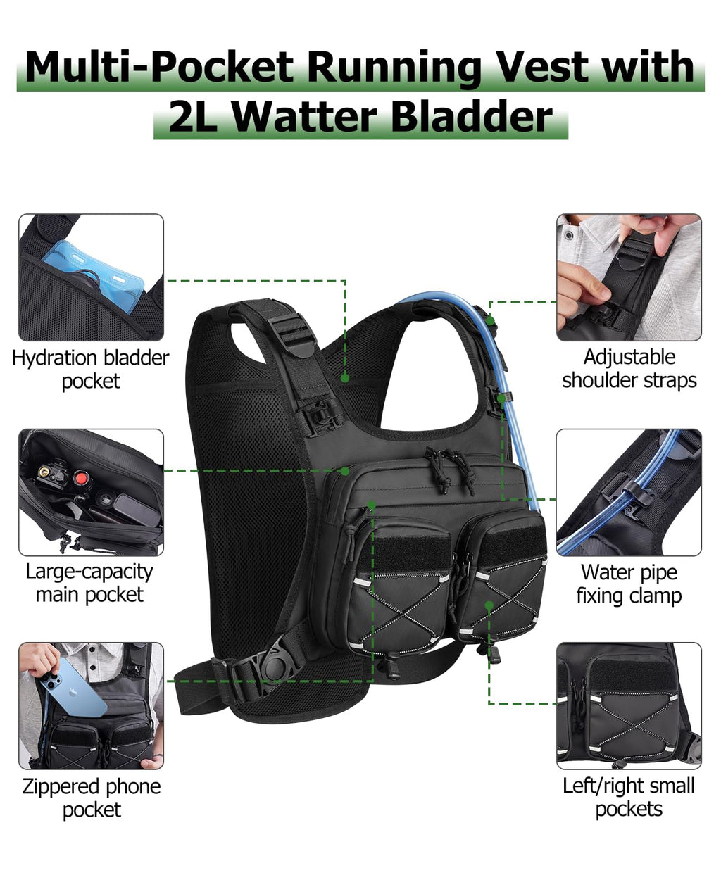 NOOLA Running Vest with 2L Water Bladder, Reflective Hydration Backpack for Men Women, Lightweight Chest Pack with Phone Pocket Adjustable Running Backpack for Marathon Fishing Cycling Hiking, Large