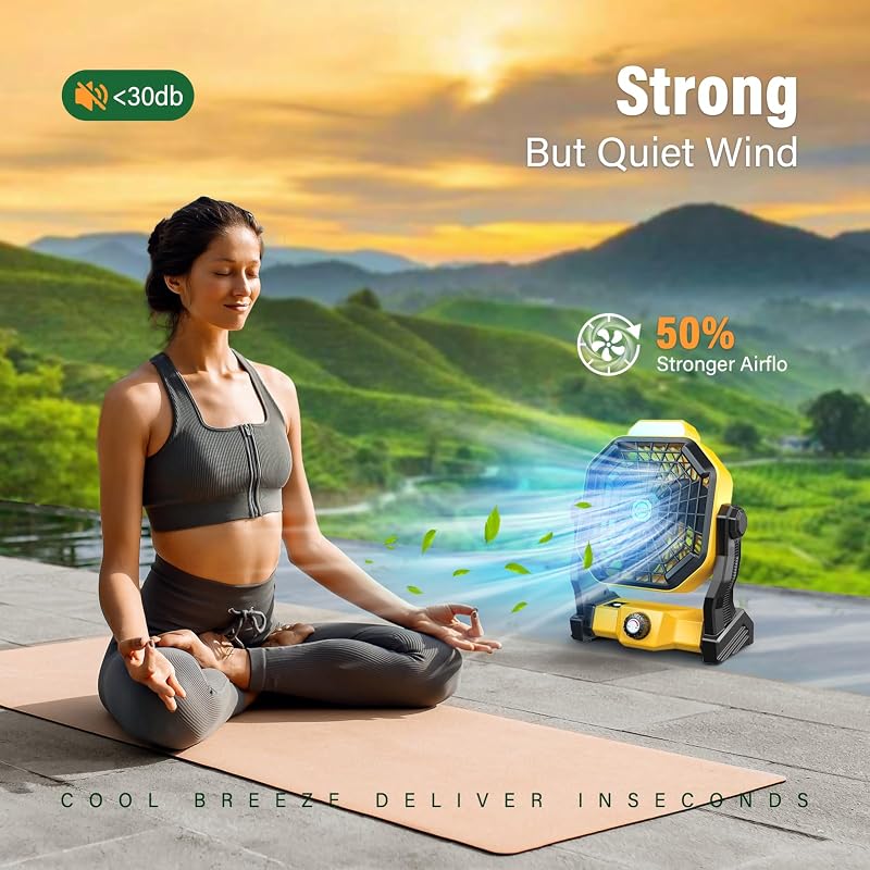 Solar Fan with LED Lantern, 7W Solar Panel, 10400mAh Battery, Quiet Outdoor Tent Camp Lantern Fan – Yellow