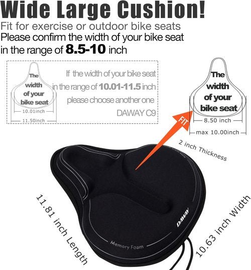 DAWAY Comfortable Bike Seat Cover - Soft Gel & Memory Foam Cushion for Peloton & Stationary Bikes | Fits All Saddles