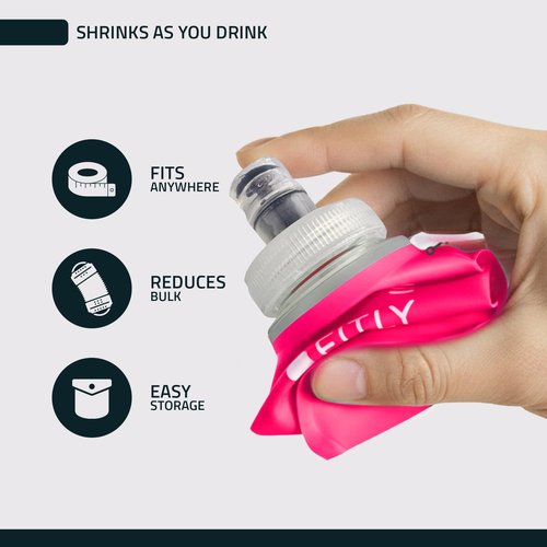 FITLY Soft Flask - 8.5 oz (250 ml) - Shrink As You Drink Pocket Soft Water Bottle for Hydration Pack/Running Vest - Folding Water Bottle for Running, Hiking, Cycling - Ski Water Bottles - Pink
