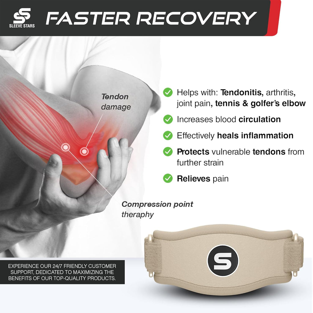 Sleeve Stars Tennis Elbow Brace - Adjustable Support for Tendonitis Relief | Fits 9"-23" (Beige)