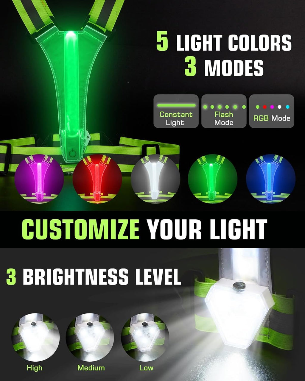Zacro LED Reflective Vest - 500LM Rechargeable Light Up Running Gear | High Visibility for Night Safety, Adjustable for All Sizes