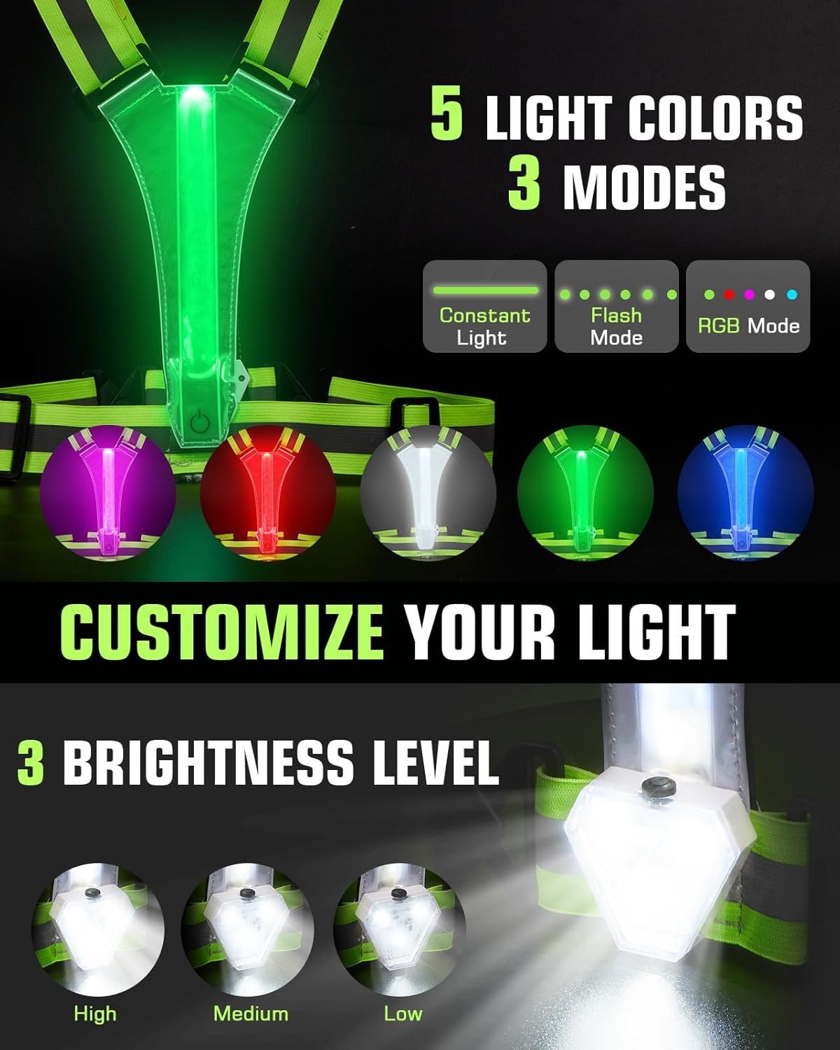 Zacro LED Reflective Vest - 500LM Rechargeable Light Up Running Gear | High Visibility for Night Safety, Adjustable for All Sizes