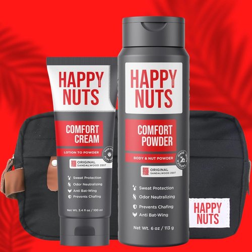 Happy Nuts Comfort Cream & Powder Starter Sack Bundle | Essential Toiletry Bag Included