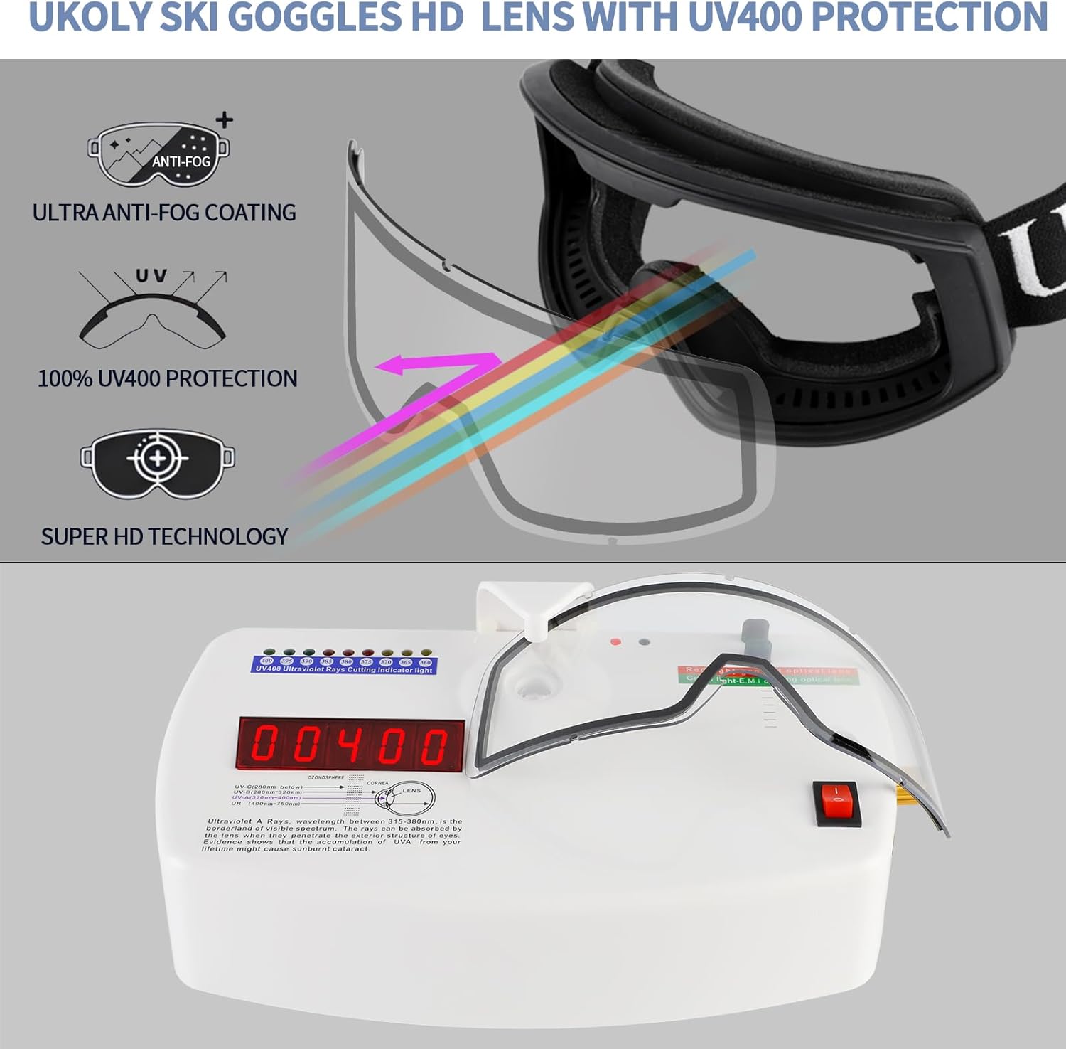 Ukoly Ski/Snowboard Goggles - HD Anti-Fog Lens, UV400 Protection, OTG Design for Men & Women