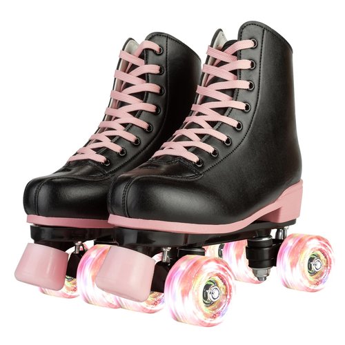 Jessie Women Roller Skates with Light Up Wheels Stylish Black Quad Skating Ideal for Men, Adult, Youth and Beginners Outdoor(Flash Wheel, 37-23.5cm/9.25in)