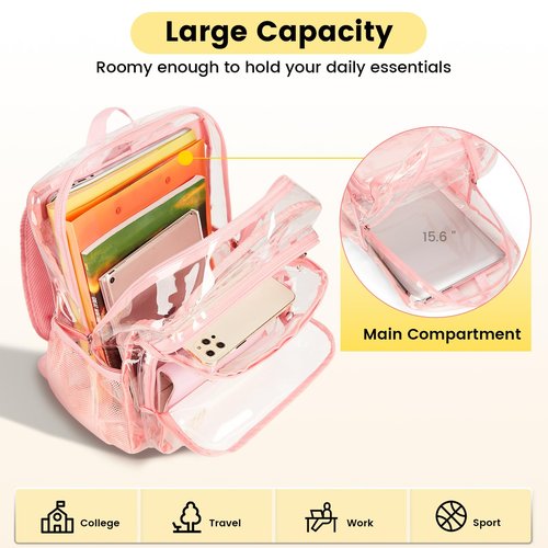 Vorspack Clear Backpack Heavy Duty - Large Clear Bookbag Transparent Backpacks See Through Backpack for College Work Travel Festival - Pink