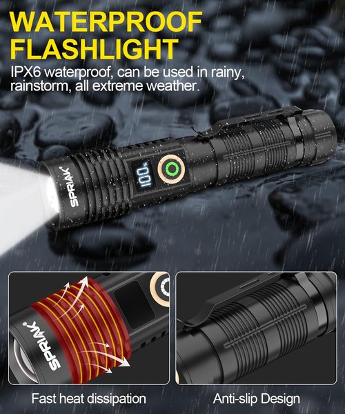 Spriak Rechargeable Flashlight High Lumens-Super Bright Magnetic Flash Light with Power Digital Display, Long Range,Dimmable,Waterproof,Pocket Handheld Tactical LED Flashlights for Emergency