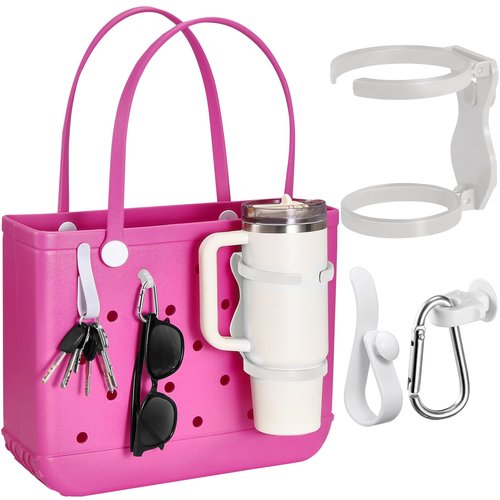 ANTAND Accessories for Bogg Bag, Foldable Cup Holder for 30oz 40oz Stanley Cup, Adjustable Drink Water Bottle Holder Only for BOGG Bag, Insert Charm Carabiner Key Holder Hooks for Tote Bag (White)