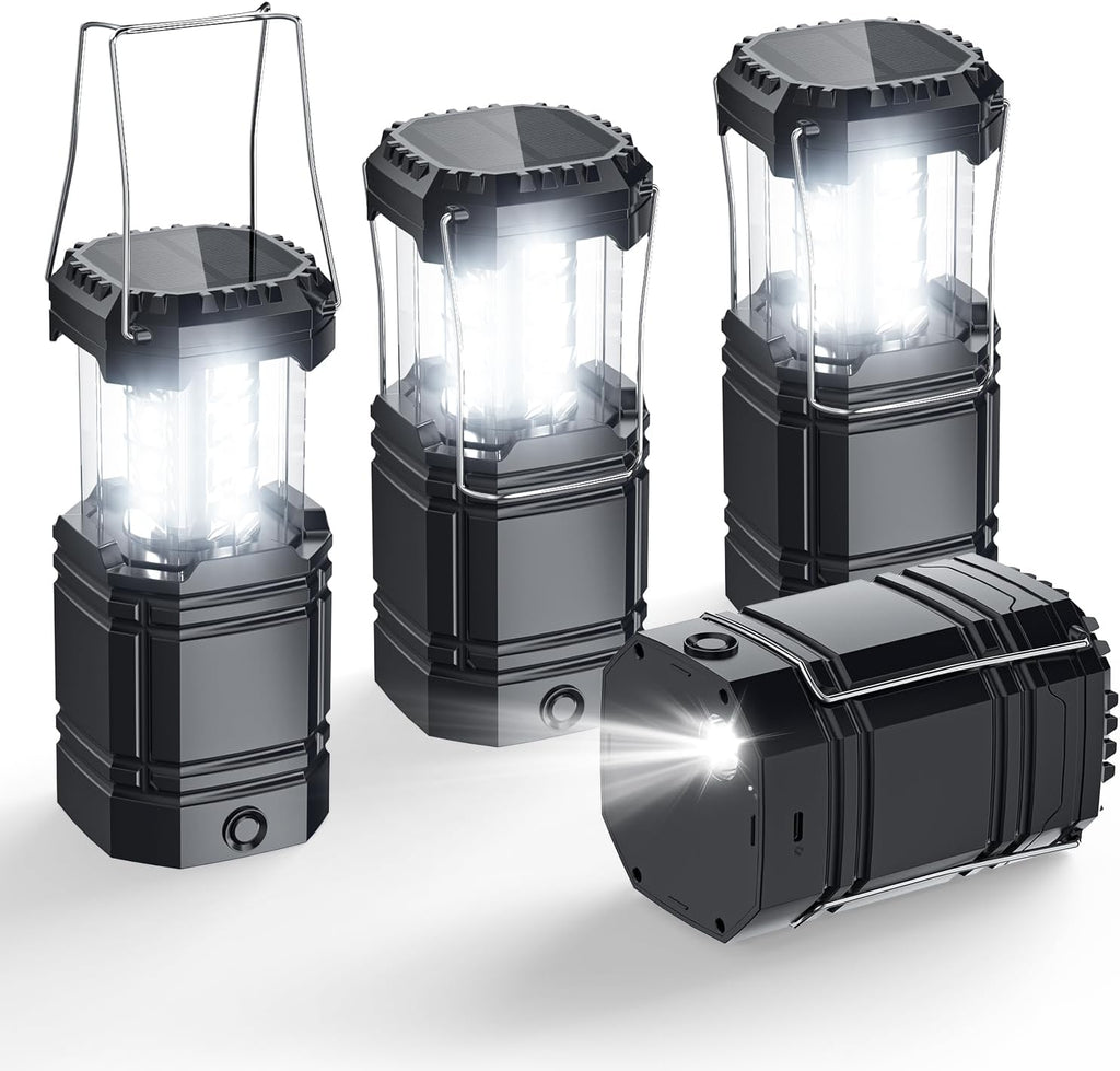 Solar Camping Lantern 4 Pack - Rechargeable LED Lights with USB-C & Solar Power | Collapsible Emergency Flashlights