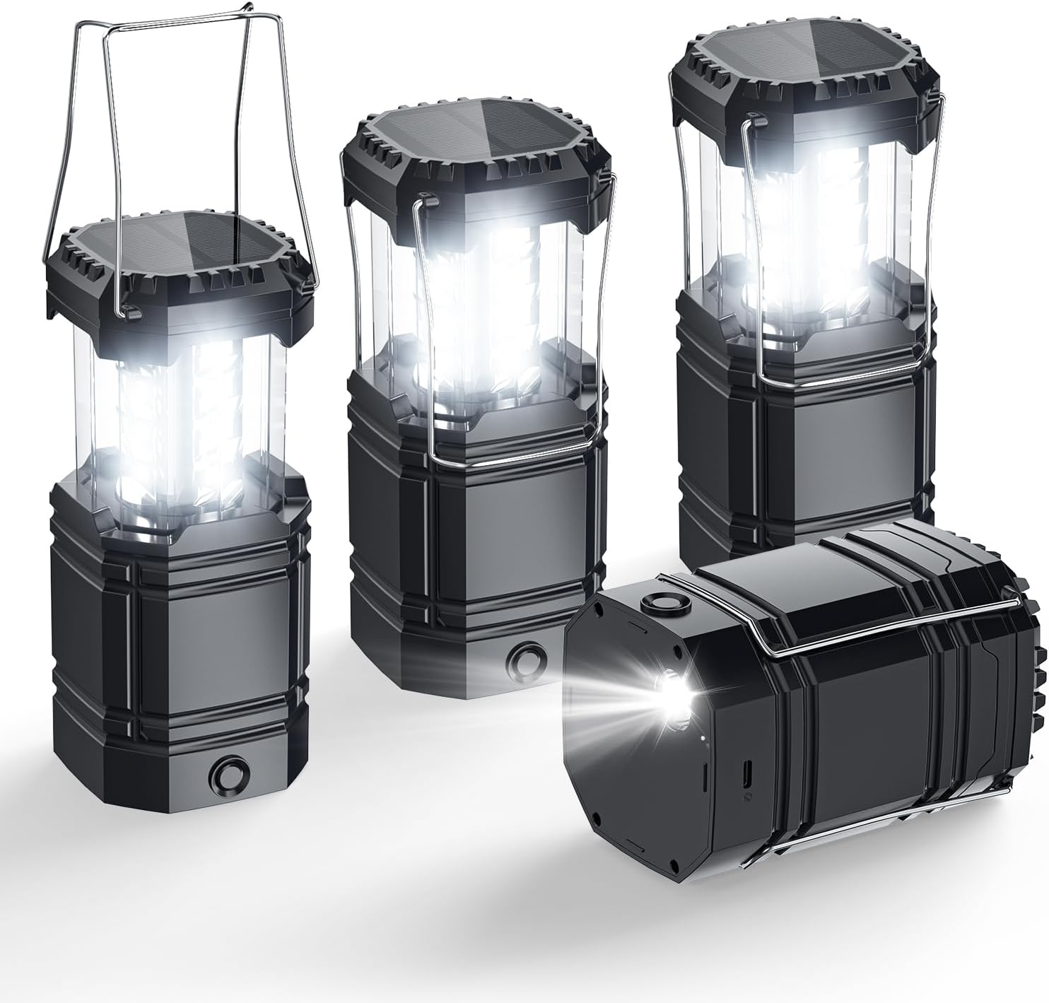 Solar Camping Lantern 4 Pack - Rechargeable LED Lights with USB-C & Solar Power | Collapsible Emergency Flashlights