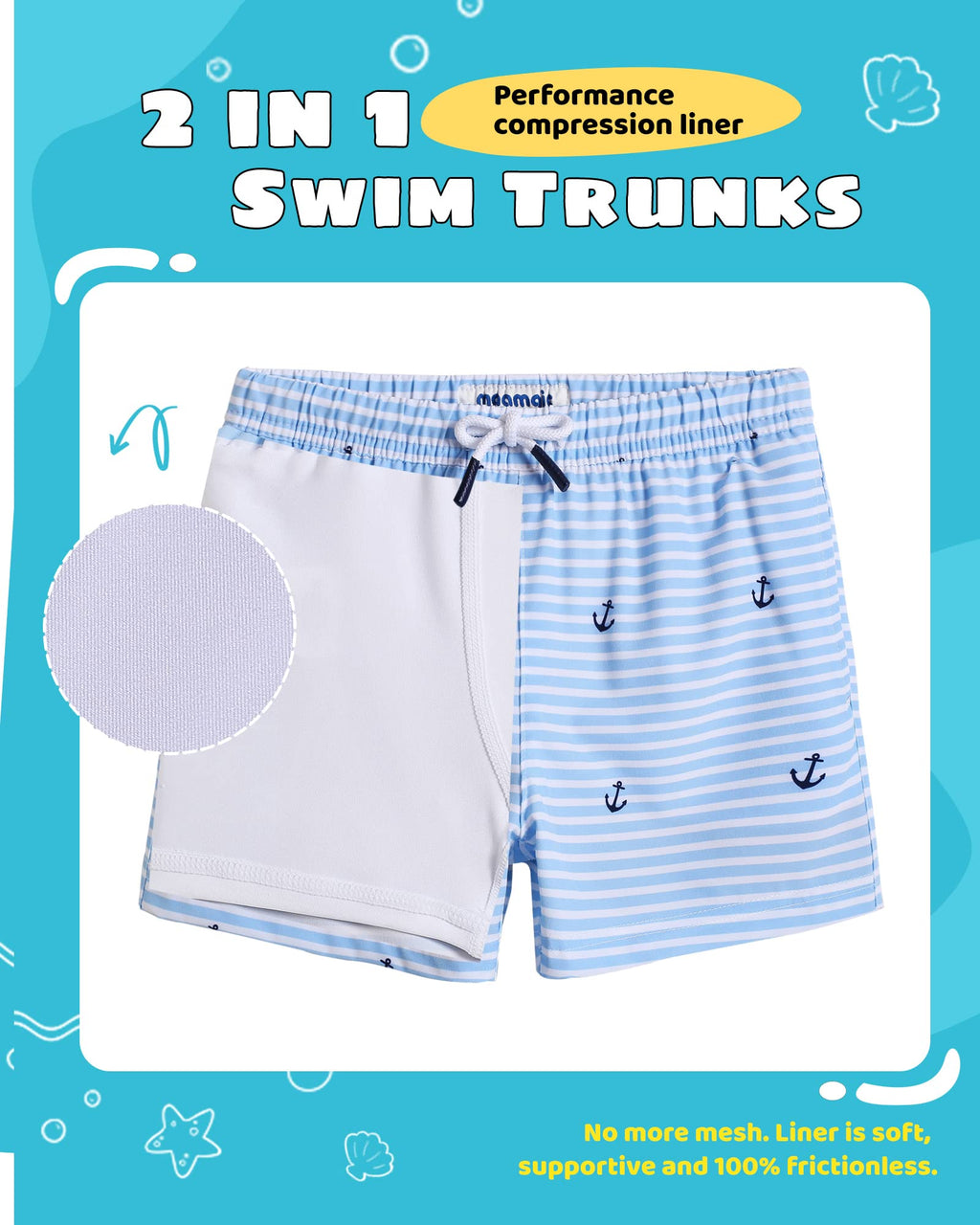 maamgic Boys Swim Trunks with Compression Liner Toddler Stretch Swim Shorts Quick Dry Swimming Trunks Boxer Brief 2 in 1 Beach Shorts White Blue Striped 2T