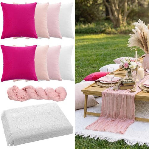 Moukeren 10 Pcs 71''x102'' Extra Large White Outdoor Boho Picnic Blanket with Pink Table Runner 8 Throw Pillow Cover Oversized Washable Portable Beach Blanket for Valentine Picnic Camp Lawn Wedding