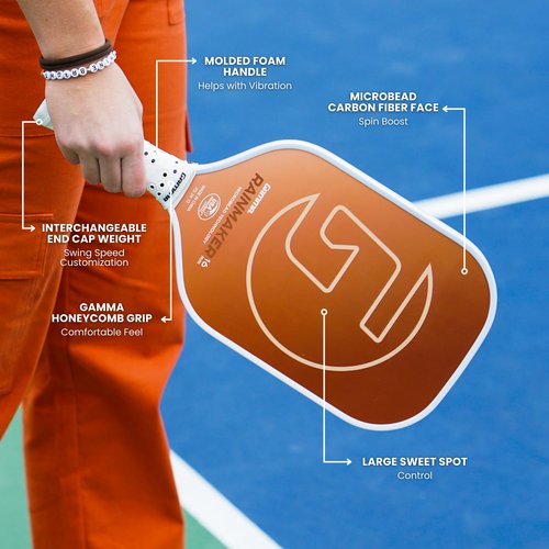 Gamma Rainmaker Pickleball Paddle – Lightweight, Large Sweet Spot, Microbead Carbon Fiber Face for Spin & Control, Vibration Dampening Handle, Customizable Swing Weight – Orange