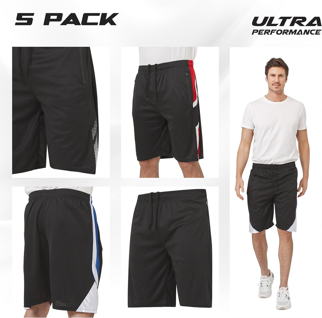 Ultra Performance Men's Athletic Running Shorts - 5 Pack Loose Fit Gym Shorts with Zippered Pockets