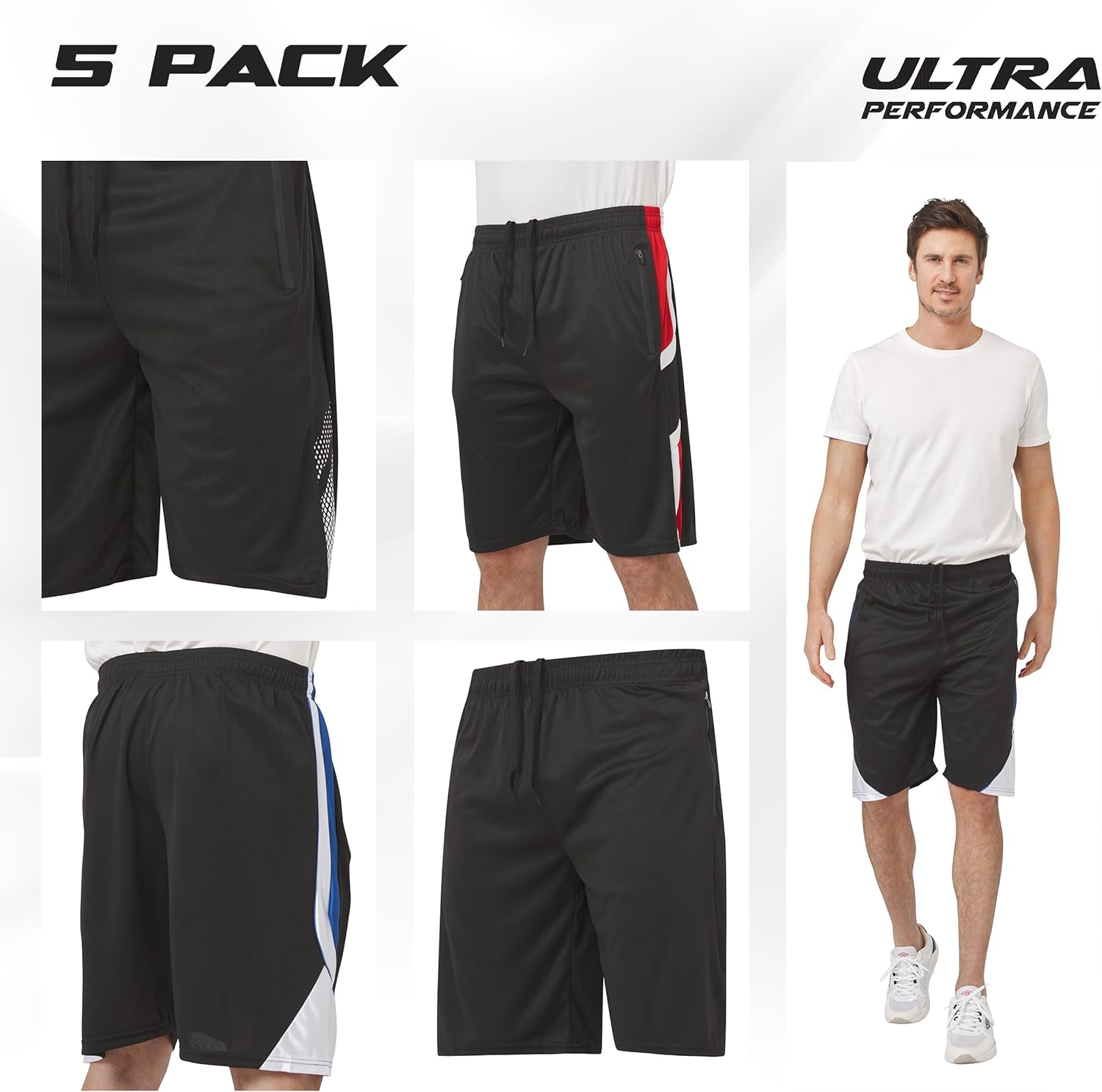 Ultra Performance Men's Athletic Running Shorts - 5 Pack Loose Fit Gym Shorts with Zippered Pockets