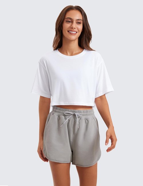 CRZ YOGA Pima Cotton Crop T-Shirts for Women - Comfortable Athletic Short Sleeve Tops