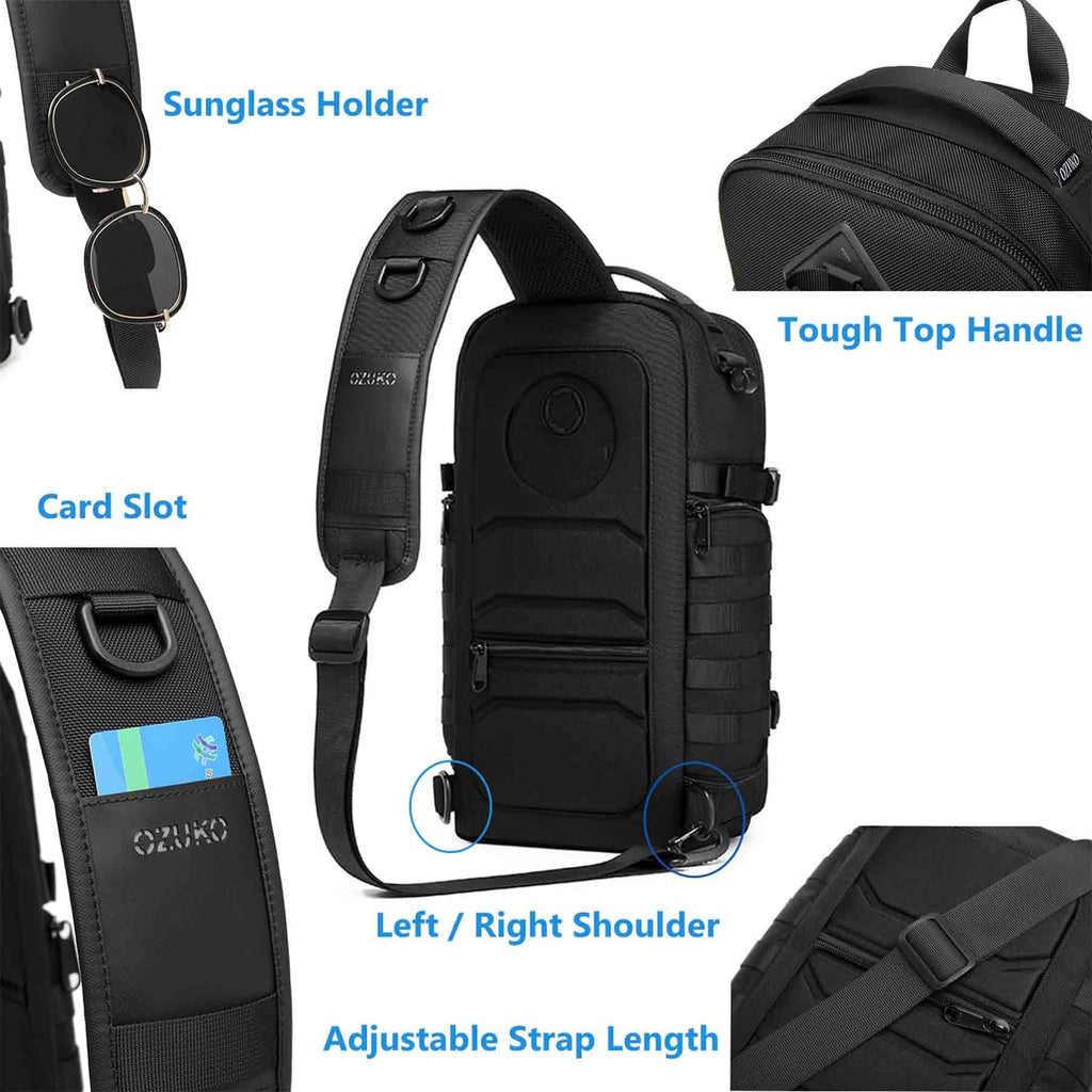 Uaskmeyt Sling Bag for Men, Tactical Sling Backpack Shoulder Crossbody Bag Waterproof Anti-Theft Travel Sports Bag Large Capacity for 12.9 inch Ipad (Black)