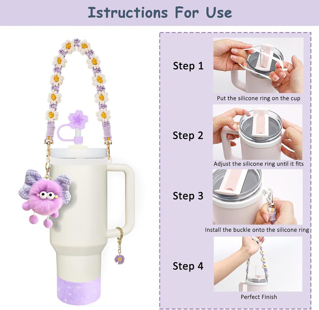 Stanley Cup Accessories Set - Handle Strap, Spill-Proof Stopper & Silicone Straw Cover | Fits 40oz & 30oz Tumblers - Purple