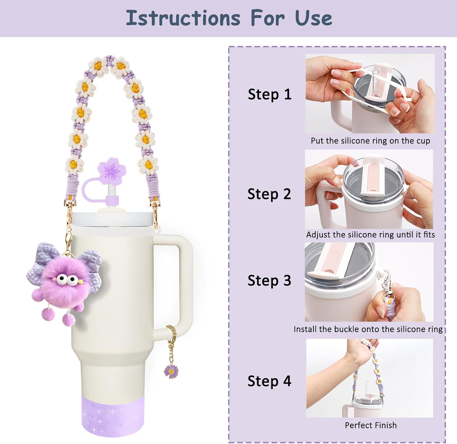 Stanley Cup Accessories Set - Handle Strap, Spill-Proof Stopper & Silicone Straw Cover | Fits 40oz & 30oz Tumblers - Purple