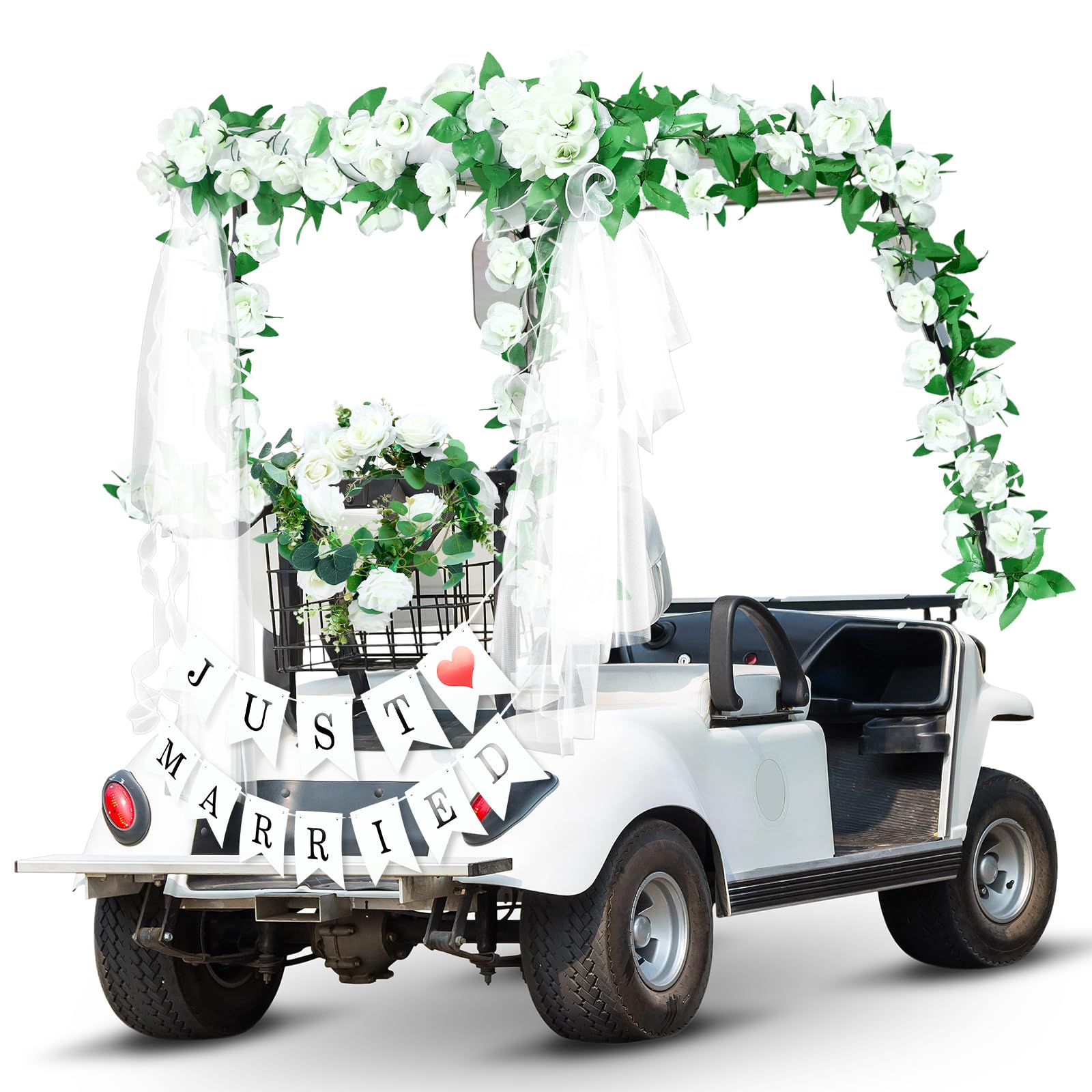 Wedding Golf Cart Decorations Golf Cart Rose Garland with Just Married Banner Sheer Chiffon Wedding Draping Fabric Accessories for Anniversary Decorations