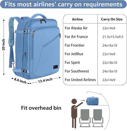 MATEIN Travel Backpack - Large Carry-On Daypack with Hideaway Straps | Light Blue for Women