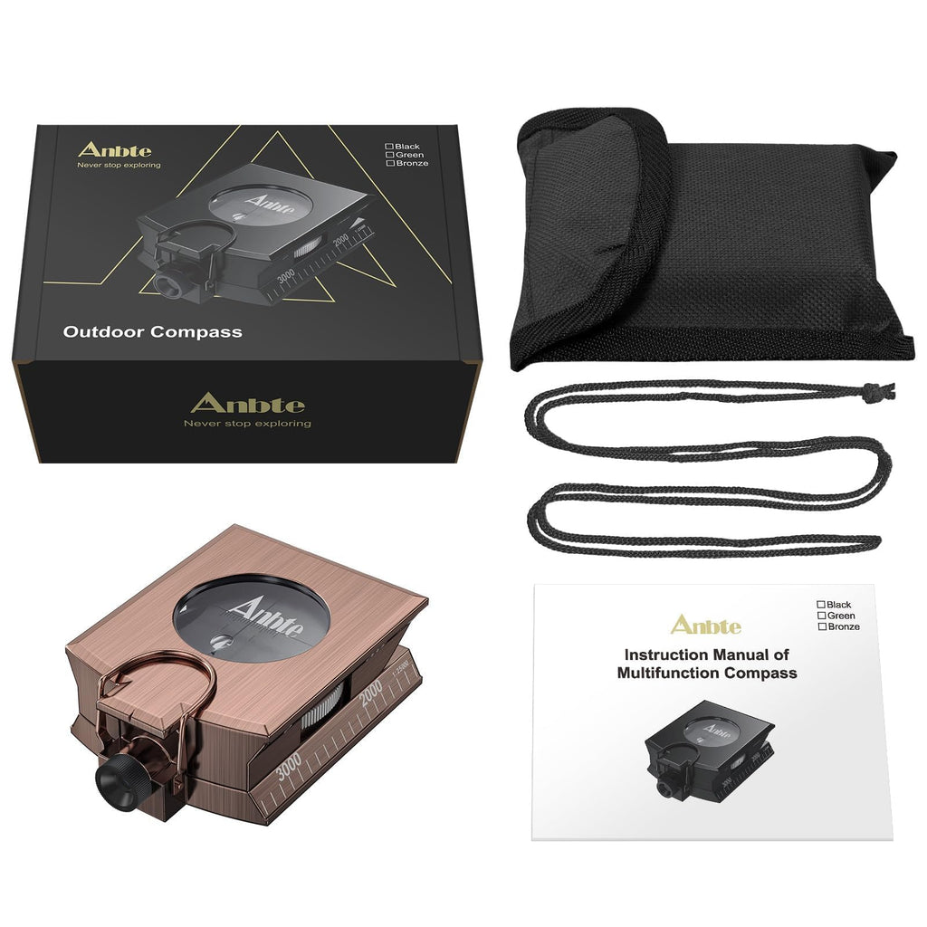Anbte Compass Hiking Survival, IP65 Waterproof Metal Compass with Sighting Clinometer and Carry Bag, Multifunctional, Professional, for Camping Hunting Hiking Navigation, Bronze
