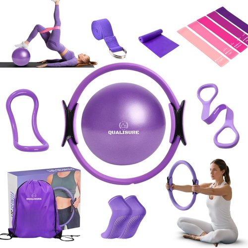 Qualisure Pilates Kit for Home Workouts with 13" Magic Circle Pilates Ring and 5 Resistance Bands Pilates Essentials Kit for Women At Home Pilates Kit Pilates Starter Kit for Women Full Body Shaper