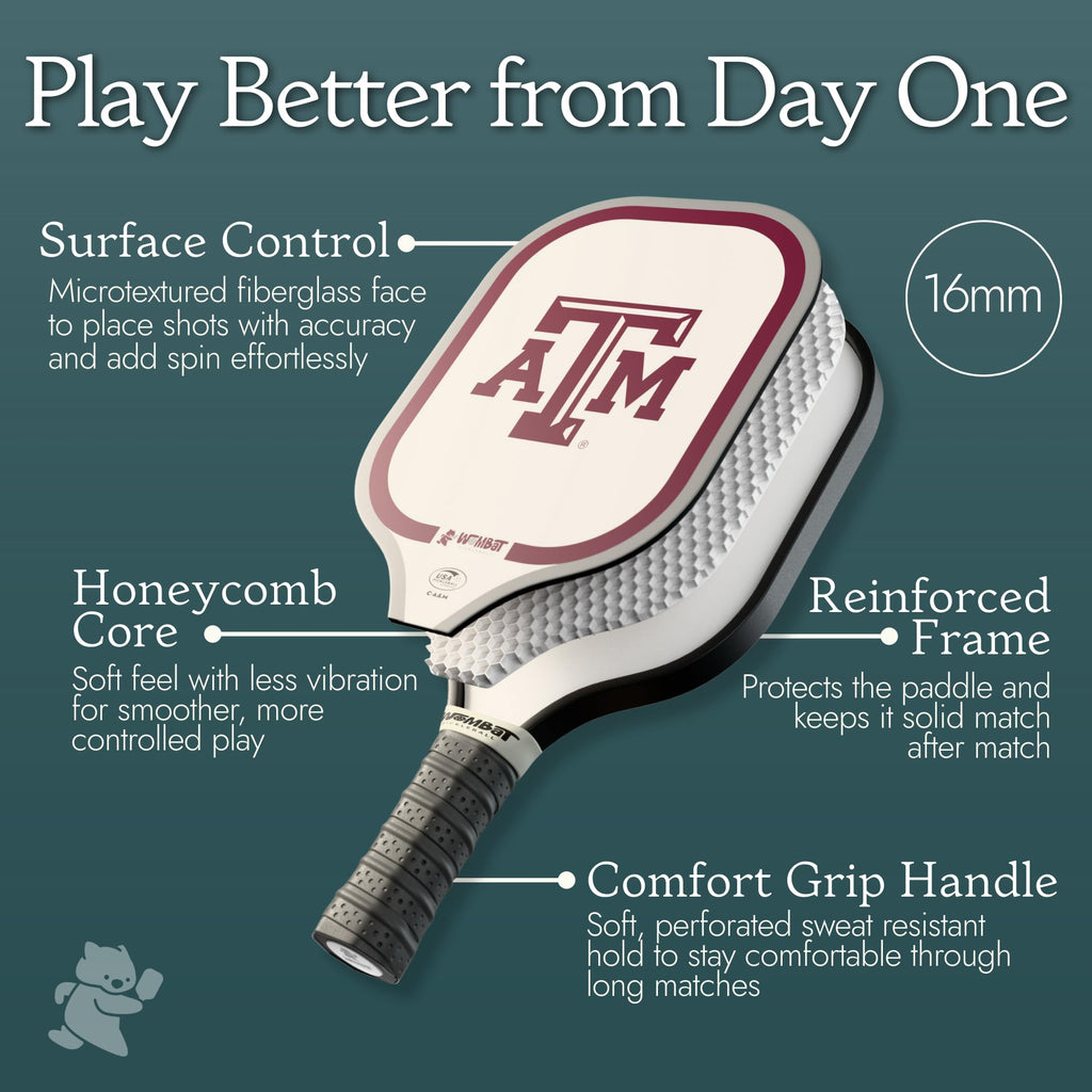 Wombat Pickleball – Texas A&M Pickleball Racquet – Micro-Textured Fiberglass Face, 16mm Honeycomb Core, Cold-Press, 8.8 oz, Reinforced Edge