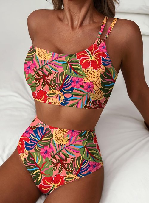 Herseas Women's High Waisted Bikini Set - One Shoulder Floral Print | Tummy Control 2-Piece Swimsuit