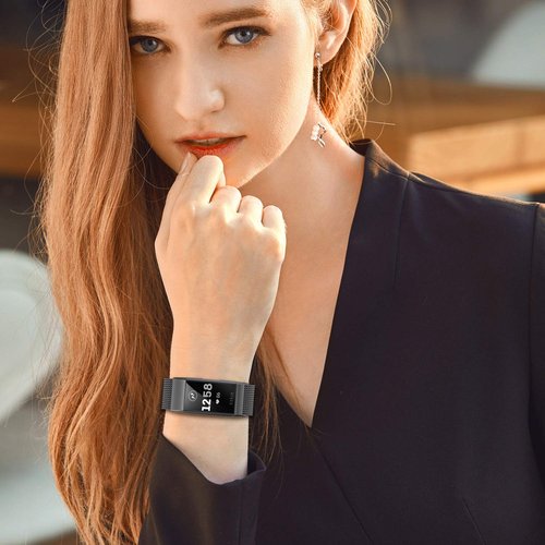 Meikeio Stainless Steel Metal Bands for Fitbit Charge 4/Charge 3/Charge 3 SE, Replacement Strap Wrist Band Compatible with Charge 3/4/3 SE for Women Men(Small, Black)
