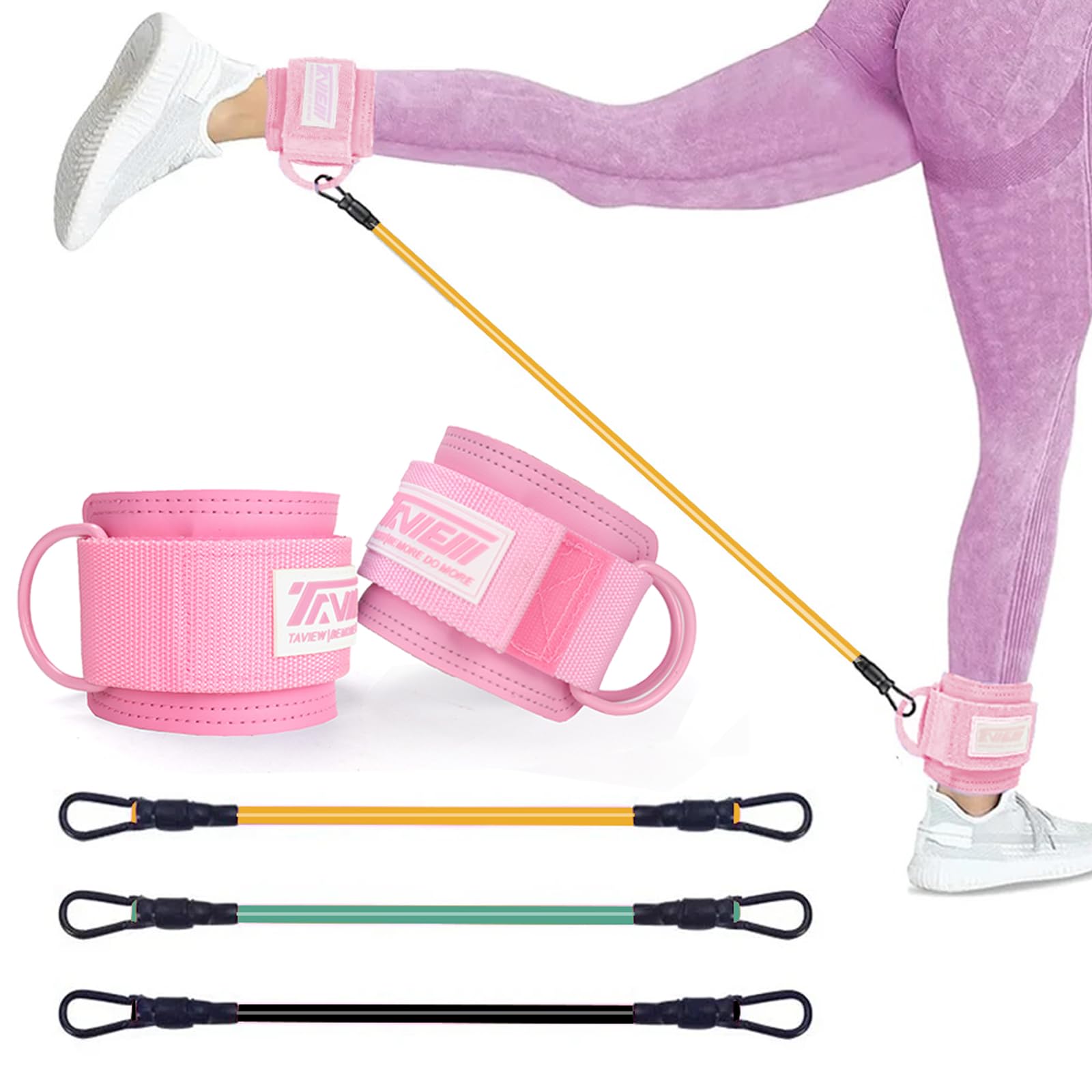 Ankle Straps Resistance Bands with Cuffs, Ankle Bands for Working Out, Ankle Resistance Band for Leg, Booty Workout Equipment for Kickbacks Hip Fitness Training (Pink with 3 Resistance Bands)