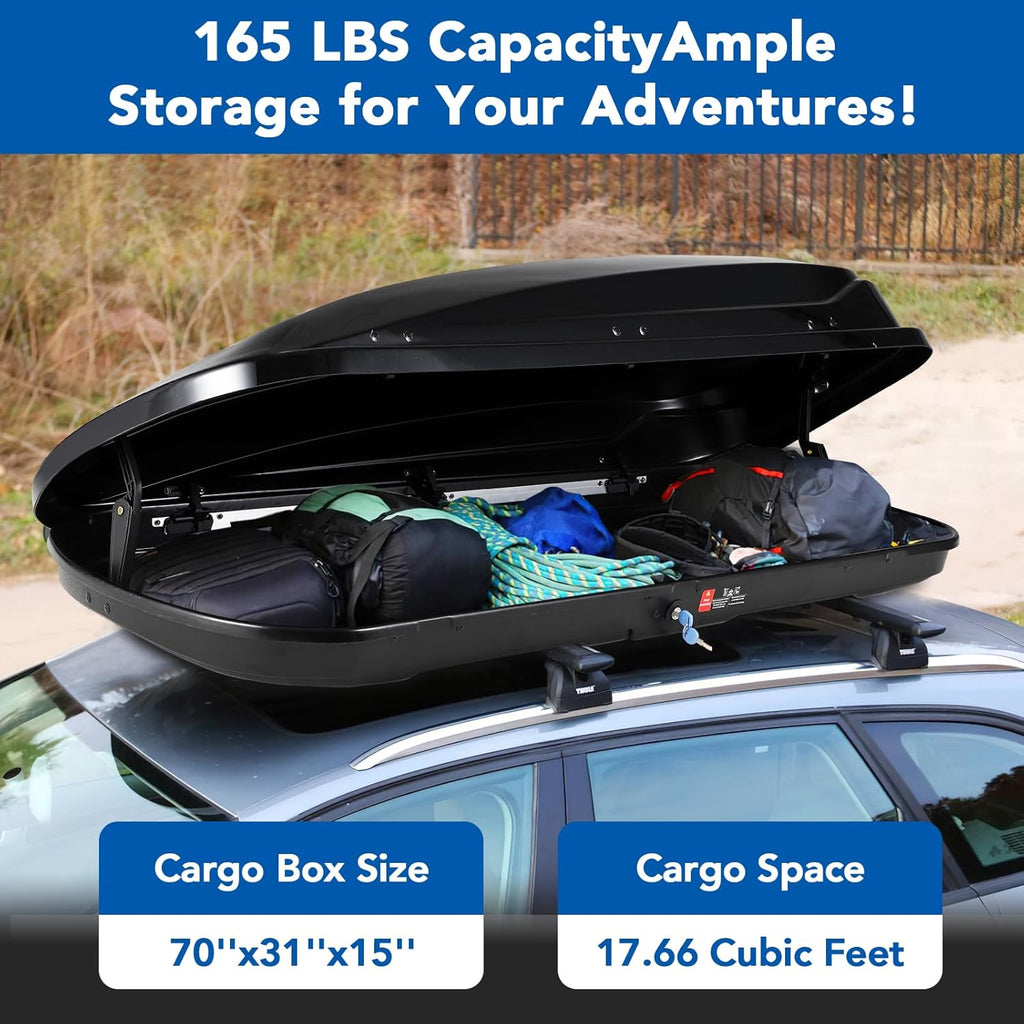 Rooftop Cargo Box Carrier by [Brand Name] - 70 Inch Hard Shell, 17.6 Cu Ft Waterproof Storage with Dual Side Opening