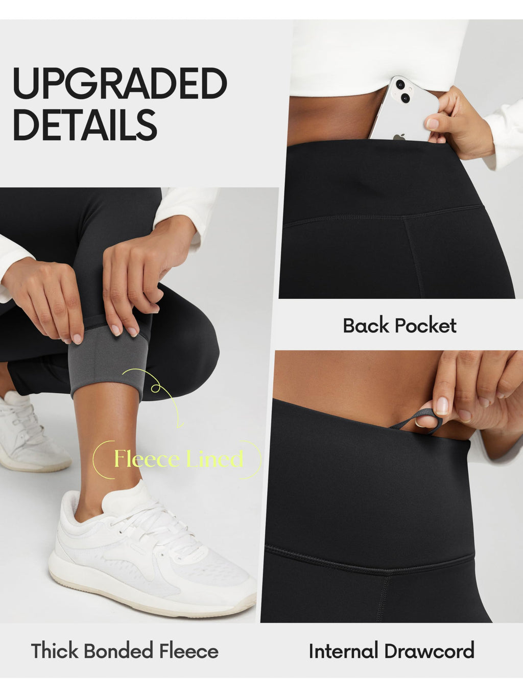 ODODOS Women's Thermal Bonded Fleece Lined 7/8 Leggings - Thick Warm Winter Running Tights 25" High Waisted Yoga Pants with Back Pocket, Black, Small