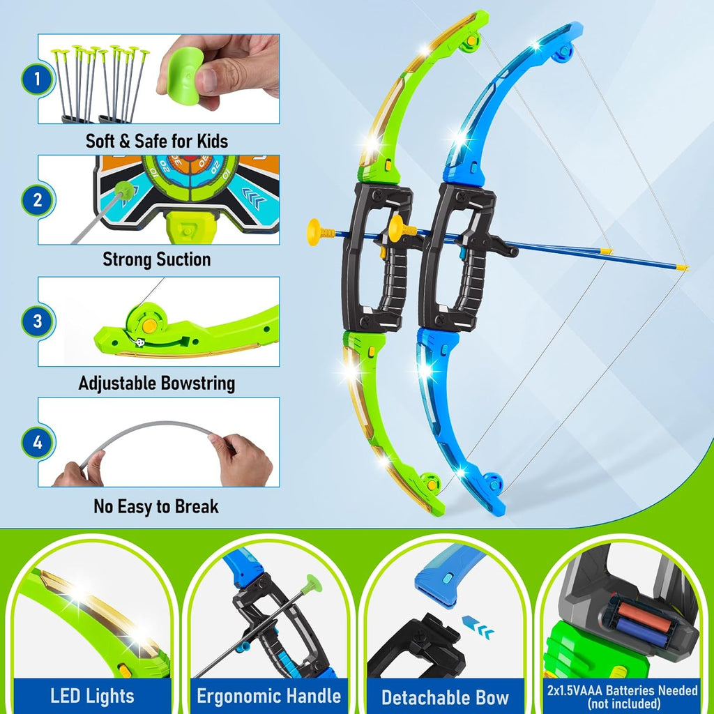 OCHIDO Bow and Arrow Set - 3-in-1 LED Light Up Archery Kit with 4 Targets & 12 Suction Cup Arrows for Kids Ages 5-12