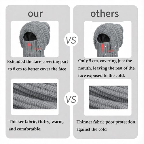 3-in-1 Women’s Winter Beanie Hat & Gloves Set, Knitted Beanie with Scarf Mask, Warm Fleece-Lined Ski Hat with Touchscreen Gloves Grey