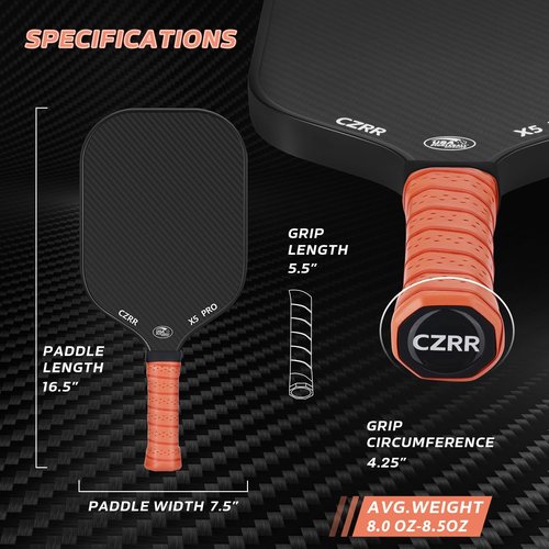 CZRR Pickleball Paddle, USA Pickleball Approved, 3K Raw Carbon Fiber Surface (CFS) High Grit & Spin, with 16MM Polypropylene Honeycomb Core, Ideal for Novice and Professional Players