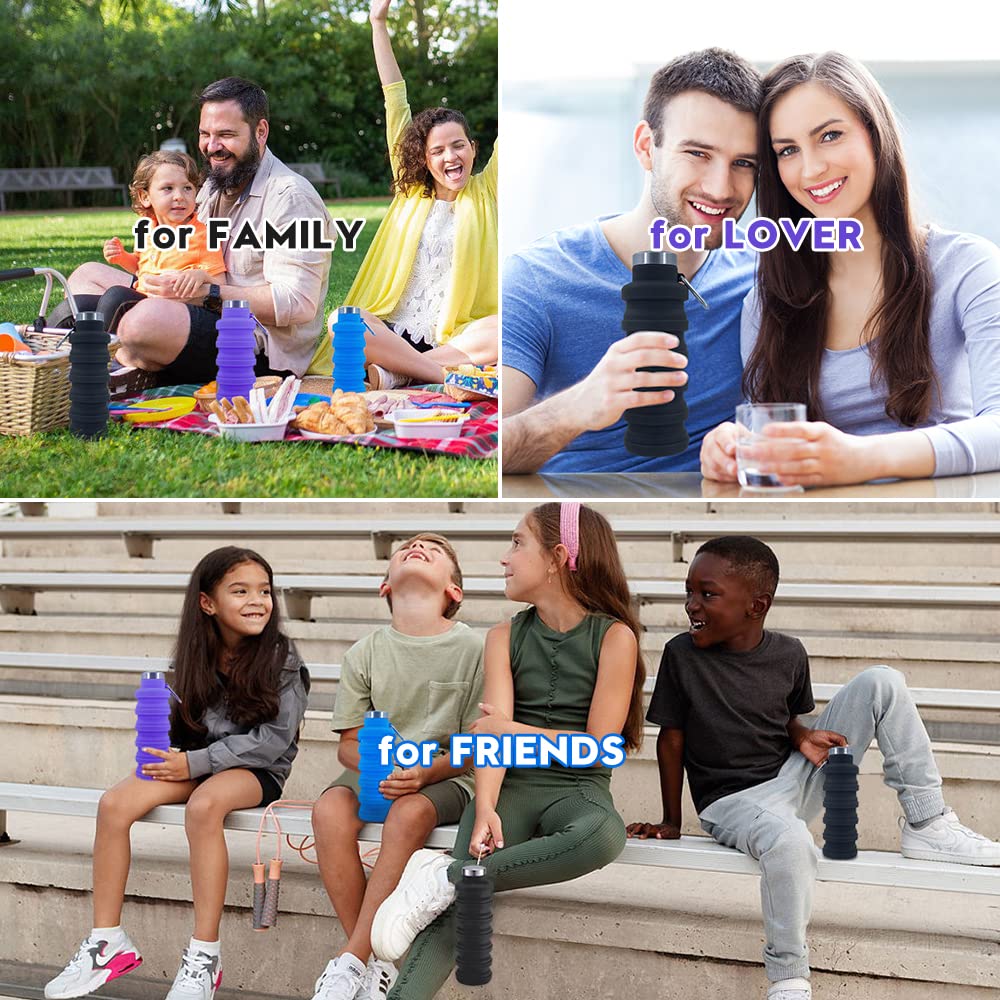 Ummigi Collapsible Water Bottles，17oz Large capacity Silicone Water Bottle with Carabiner，Reusable Foldable Lightweight Sports Water Bottle for Travel Gym Camping Hiking (Blue + Purple)