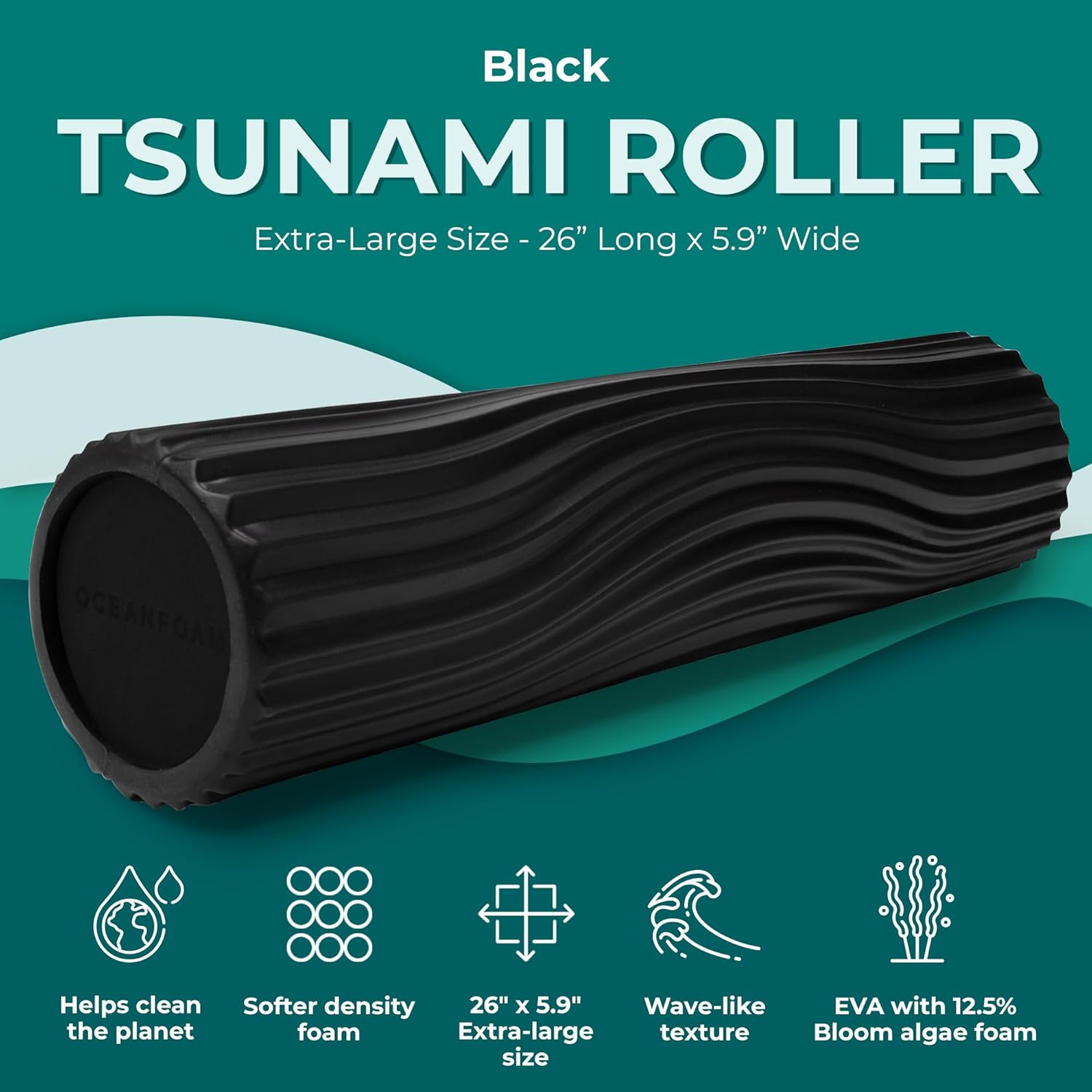 Oceanfoam Tsunami Roller (Black) - Extra-Large, 26" x 5.9" - Soft, Textured Foam Roller for Physical Therapy, Back Pain, Exercise & Stretching - Wave Textured - Yoga, Athletics, & Wellness