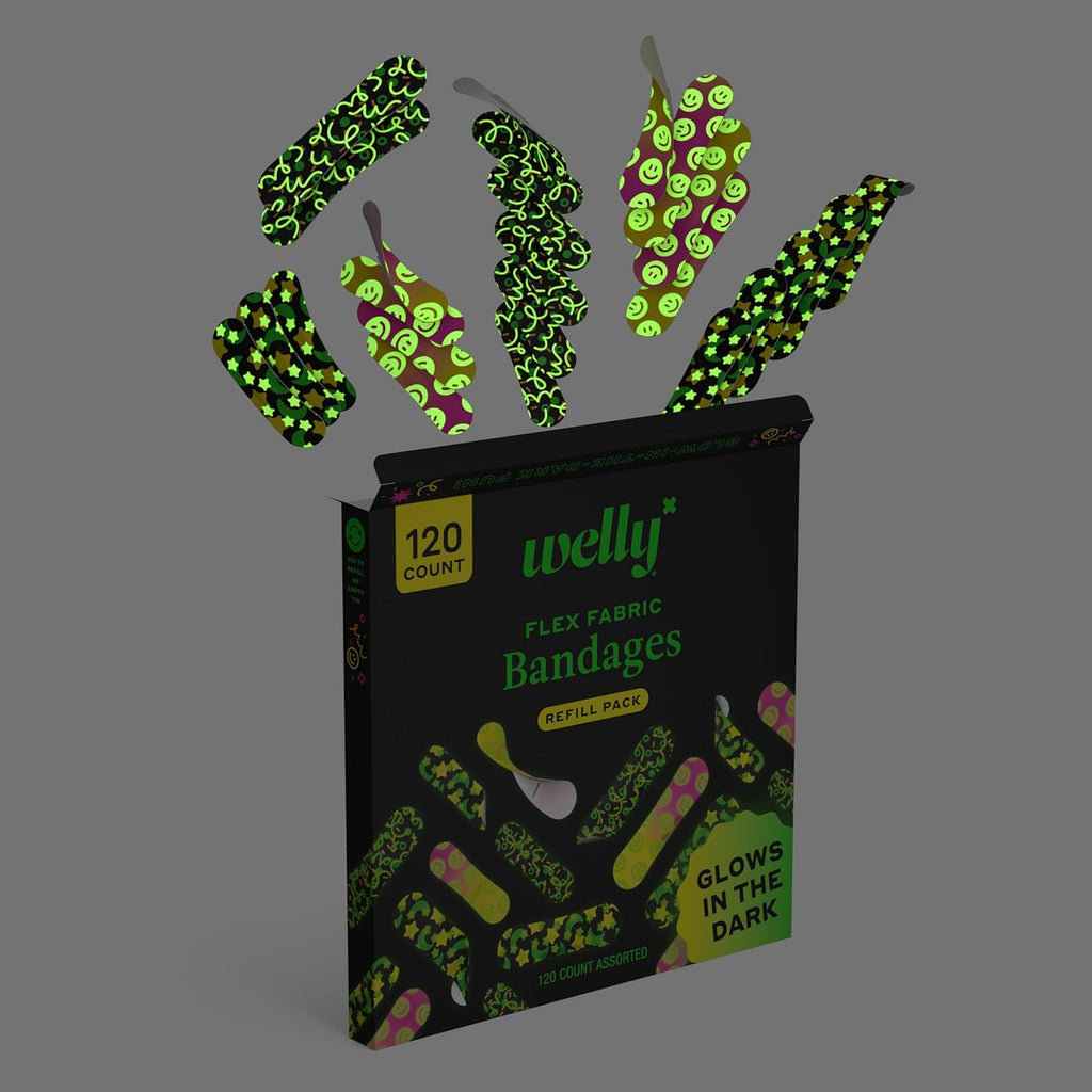 Welly Glow-in-the-Dark Bandage Refill Pack - Flexible Adhesive Fabric Bandages | Assorted Shapes & Patterns - 120 Count