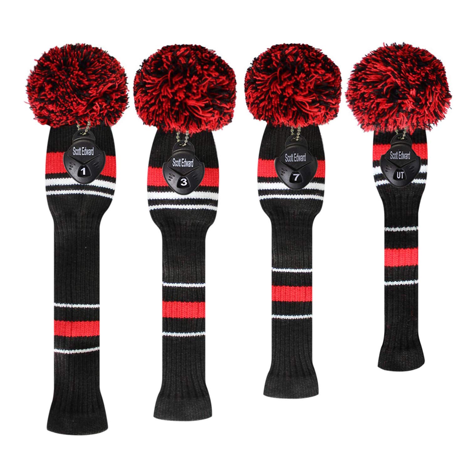 Scott Edward Red Warning Stripes Golf Club Head Covers, Acrylic Yarn Double Layers Knitted, Set of 4, with Rotating Number Tags
