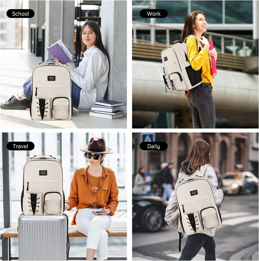 Skiennix School Backpack - Stylish 15.6 Inch Laptop Bag for Women & Teen Girls | Beige Color