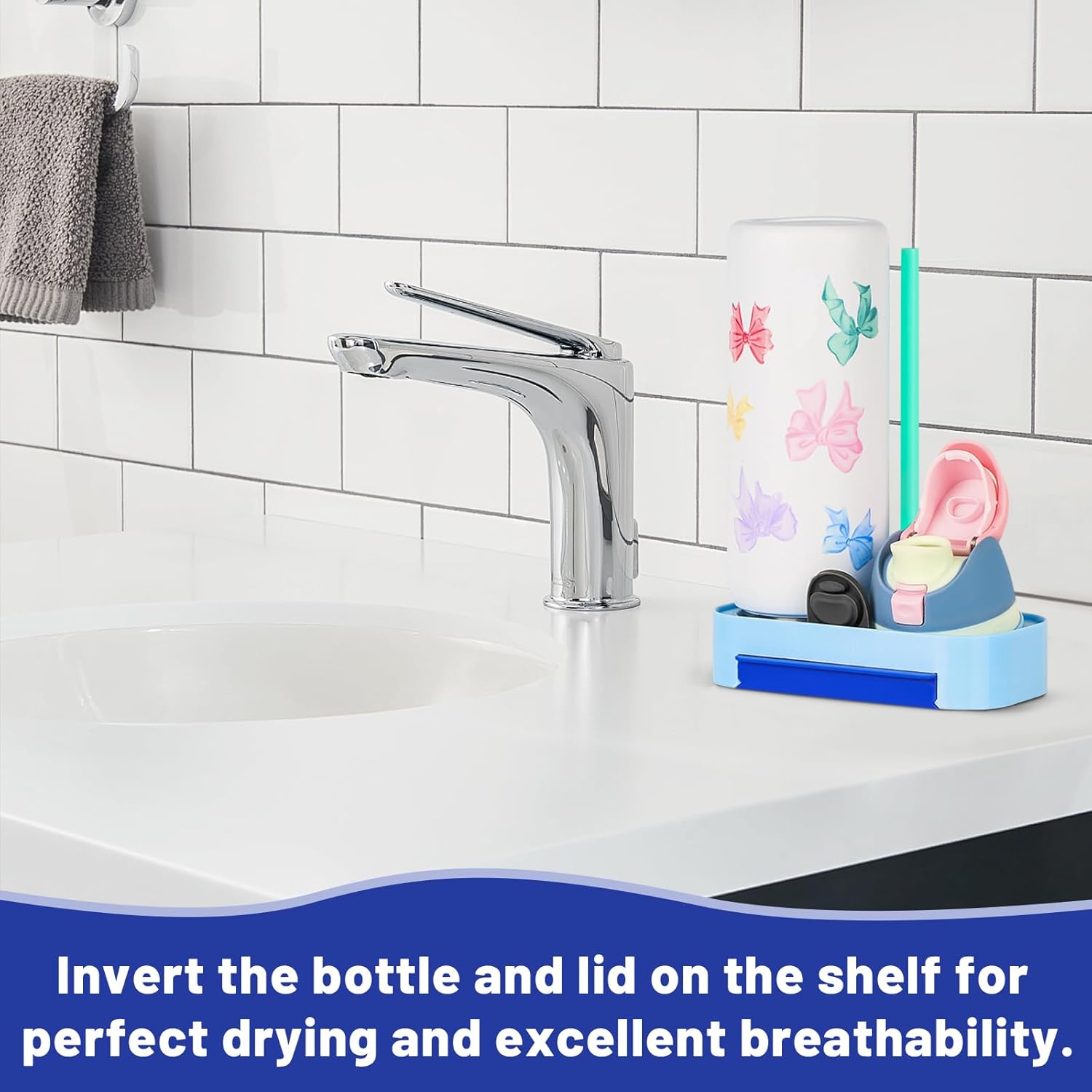 Owala Bottle Drying Rack - Portable Space-Saving Stand with Drain Tray & 4 Cleaning Brushes | Fits 24/32/40oz (Blue)