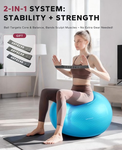 HAPBEAR Exercise Ball - Anti-Burst Yoga & Pilates Ball for Core Training | 22''/26''/30'' Sizes, Includes Quick Pump & 3 Resistance Bands