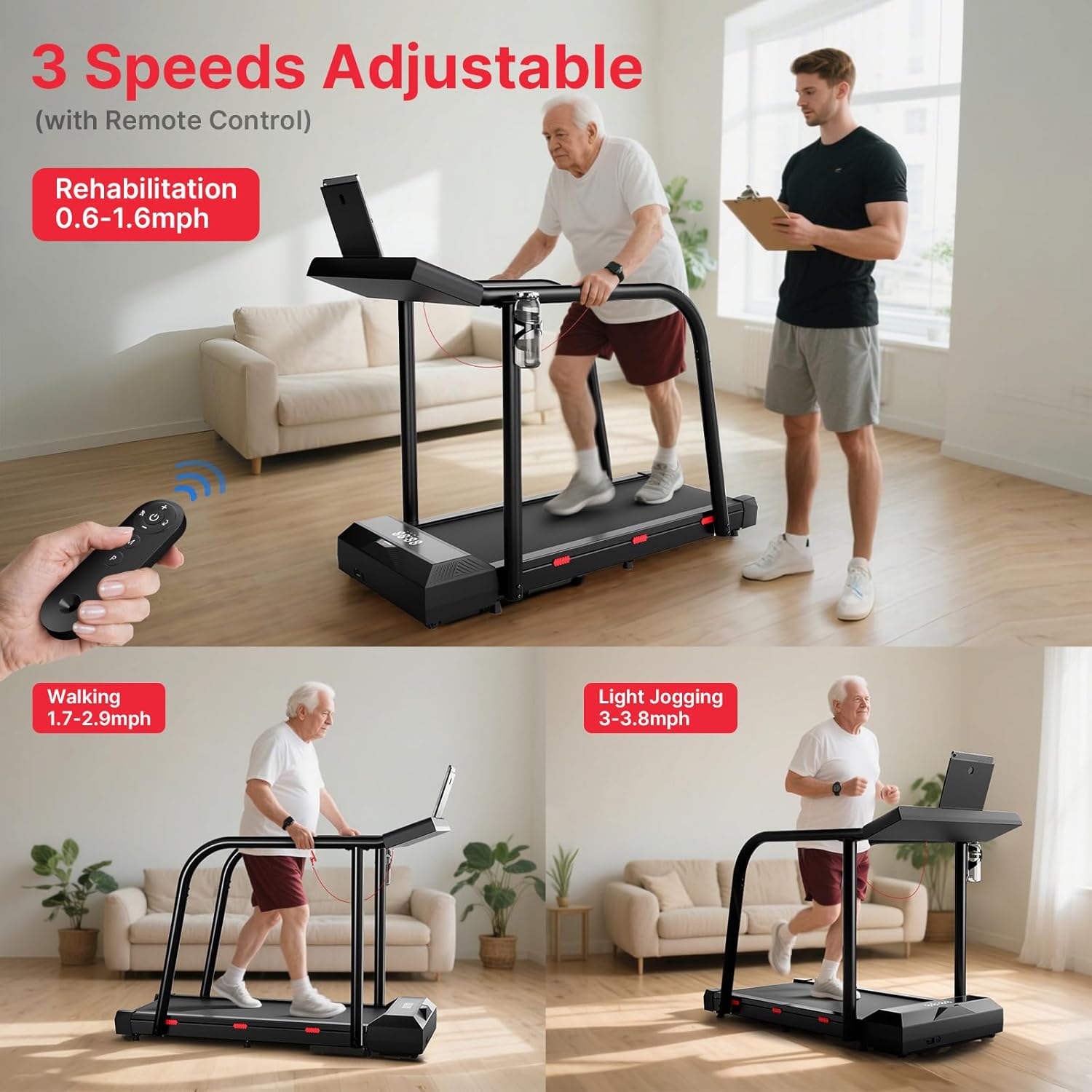 Yesoul Walking Treadmill for Seniors - Safe Home Exercise Machine with Long Handrails & LED Display, 300 lbs Capacity