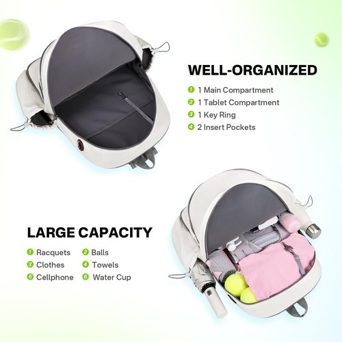 JKAOO Tennis Bags for Women, Waterproof Tennis Sling Crossbody Shoulder Backpack Holds 2 Rackets, Tennis Racket Bag for Pickleball Badminton (White)