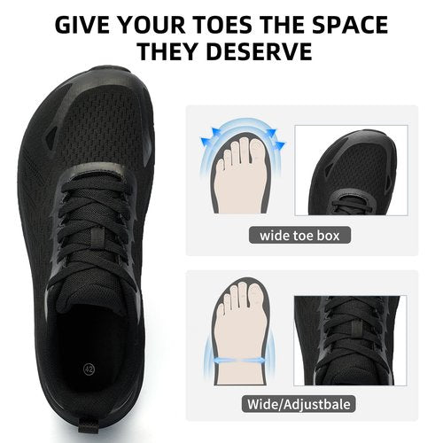 Wide Toe Box Shoes for Men - Comfortable Width Sneakers for Athletic Running Walking Tennis Workout Gym Orthopedic Plantar Fasciitis Work Footwear with Thick Cushioned Zero Drop Sole Black Size 13
