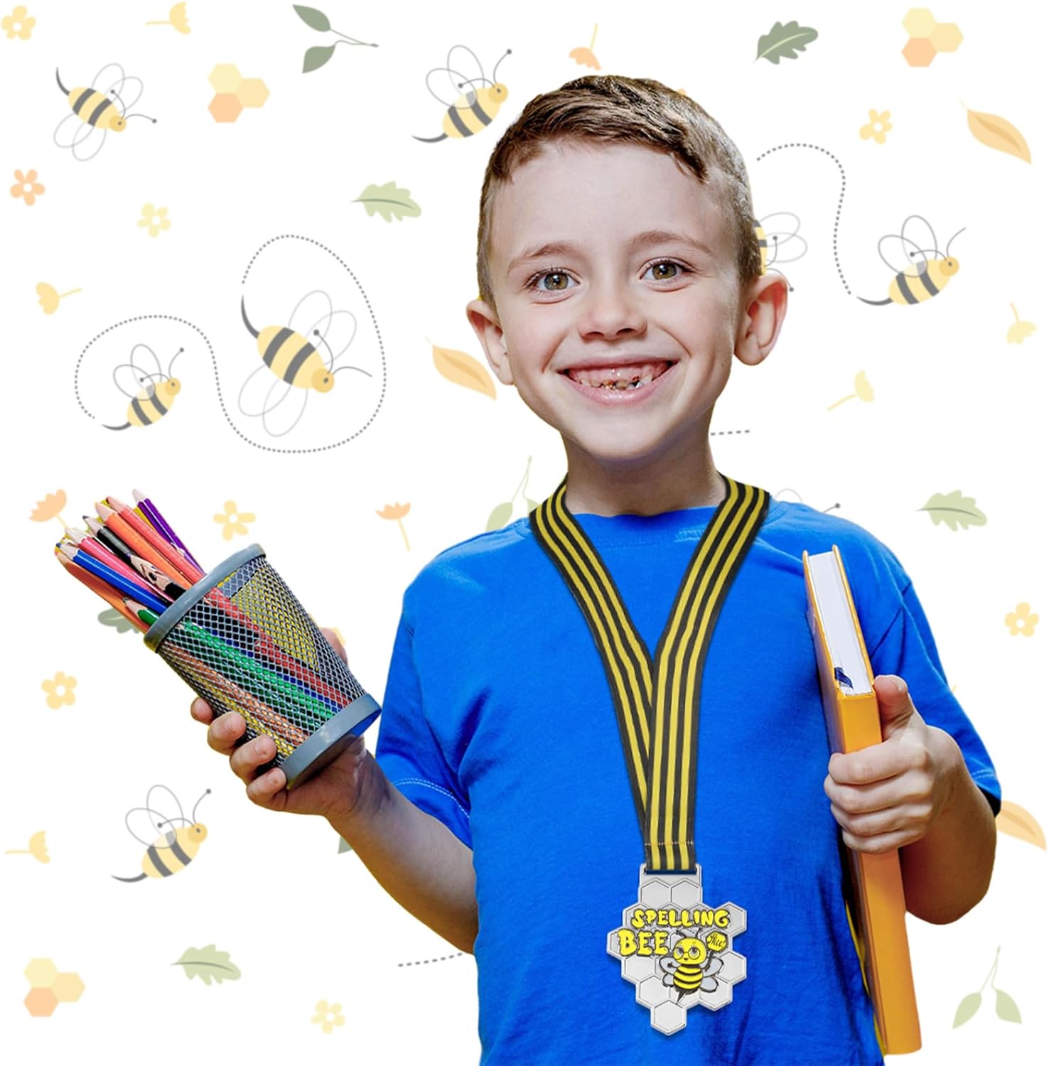 Remuuly Spelling Bee Honeycomb Medals - 1st, 2nd, 3rd Place Awards with Neck Ribbon | 3.2 x 2.8 Inches (Classic)