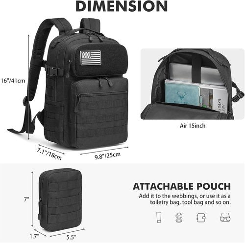 G4Free 25L Tactical Backpack - Fits 15" Laptop | Versatile Travel Bag for Men - Black